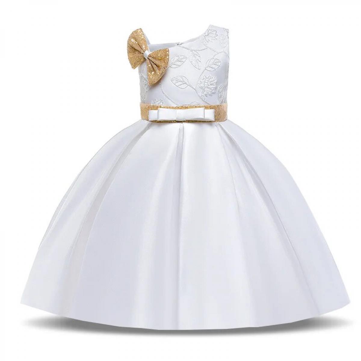 Blanco Simple niñas lentejuelas arco niños princesa vestido niños ropa elegante flor bordado fiesta de cumpleaños boda Go