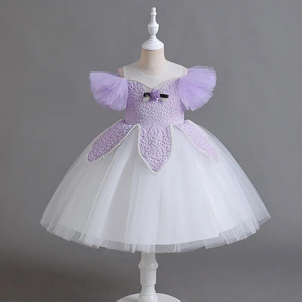 New Girls' Little Flying Sleeves Pengpeng Princess Dress Contrast Pearl Princess Dress Piano Host Big Bow Performance Cl