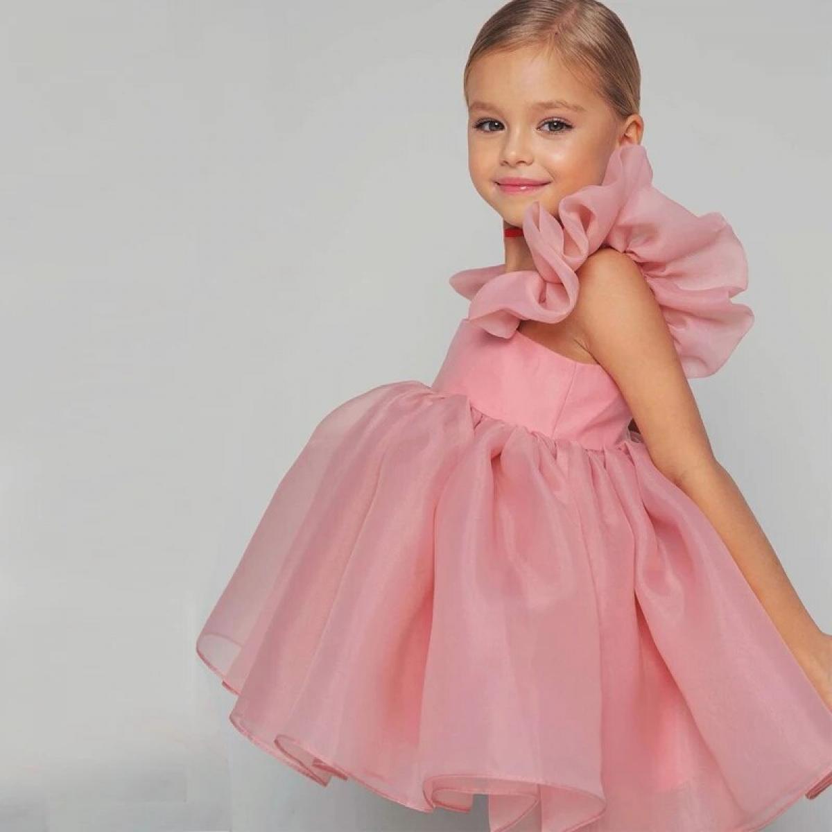 28t New Girls' Flying Sleeve Princess Mesh Dress Girls' Baby Fluffy Vest Sling Birthday Communion Party Dress  Girls Par