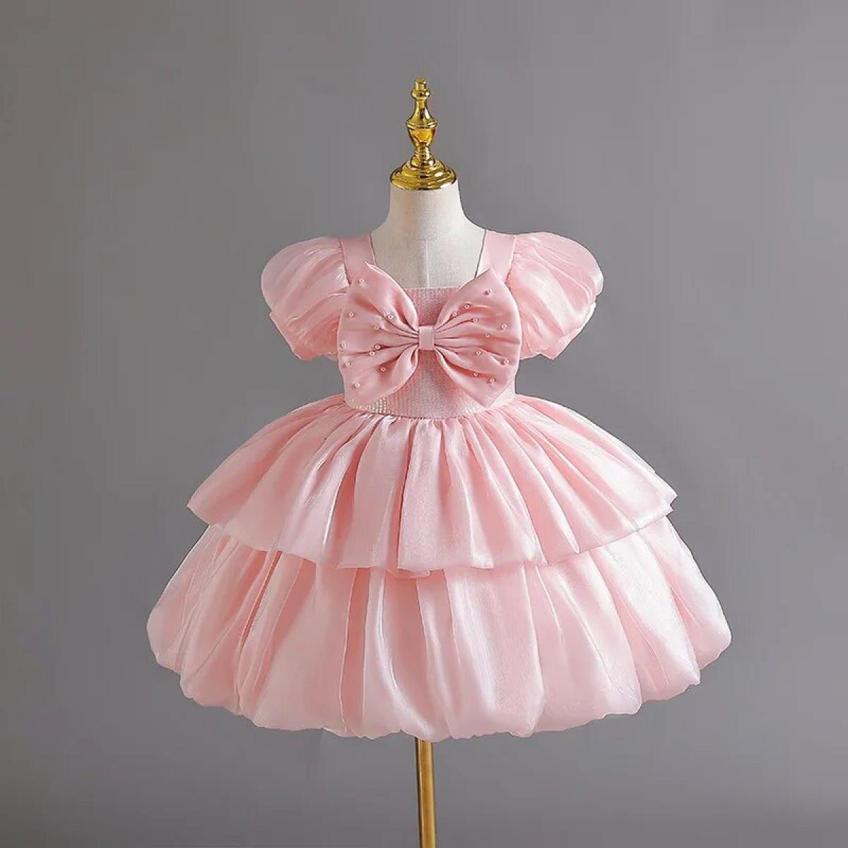 Elegant Girl Party Dress Bow Knot Bubble Sleeve Baby Girl First Year Dress Formal Christmas Dinner Dress 2023kids Clothe