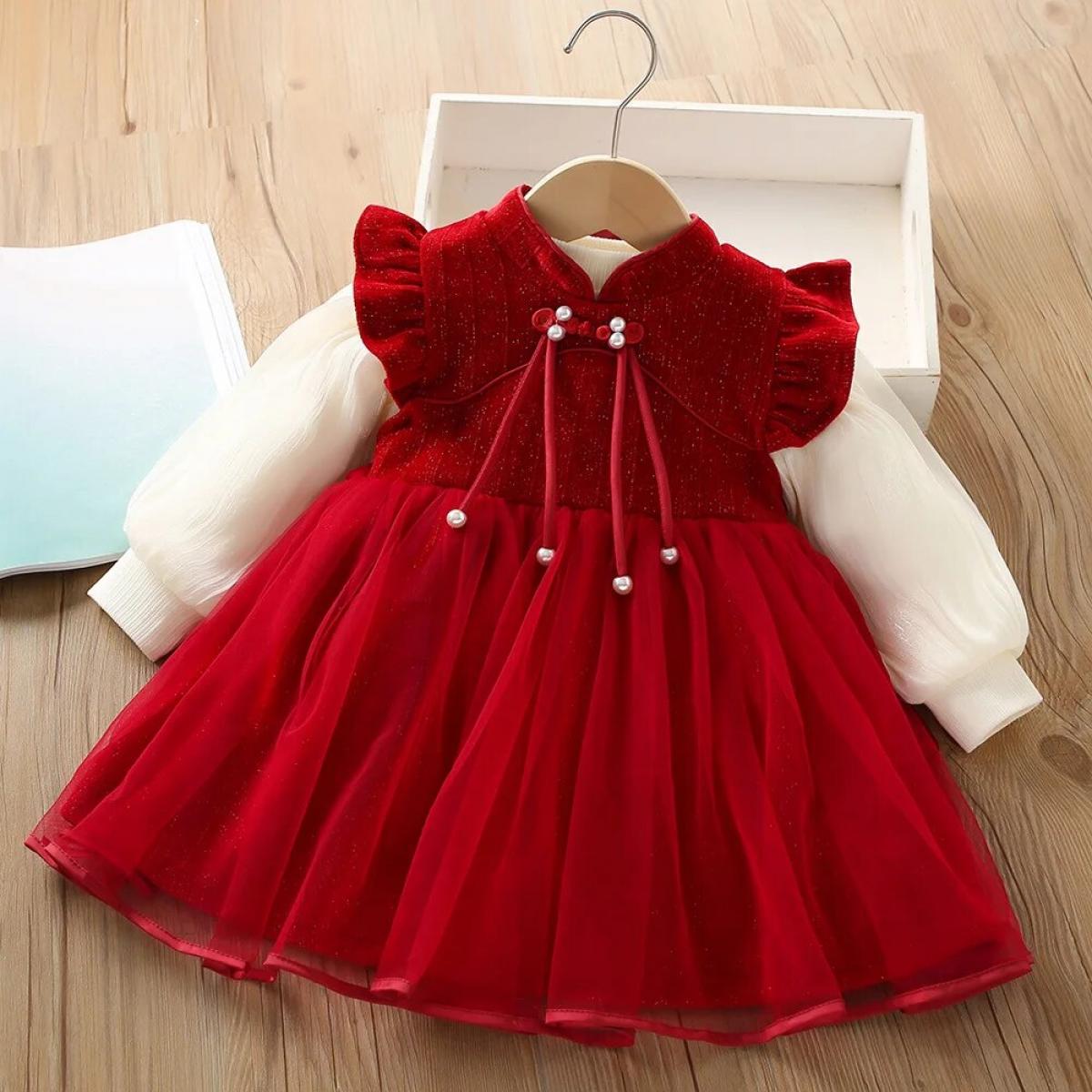 Novo vestido para meninas outono e inverno moda vermelho celebração vestido de ano novo das crianças natal desempenho das menina