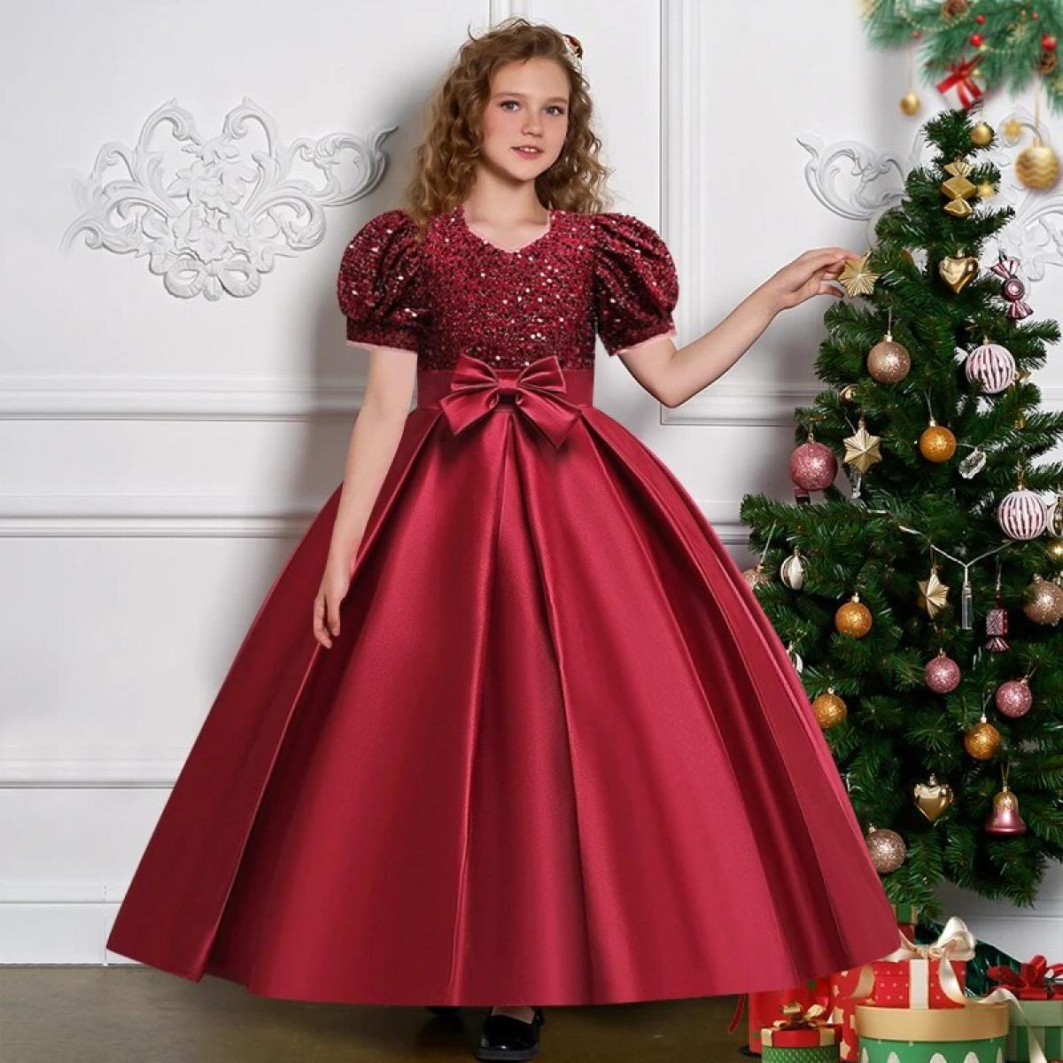 פאייטים אלגנטיים לילדות חדשות שמלת מסיבת ליל כל הקדושים, שמלת הופעות כדור חג המולד רשת אופנתית, שמלה ל-4 12 שנים