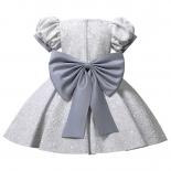 Baby's First Birthday Party Big Bow Dress Girls Embroidered Jacquard Bubble Sleeve Dress Festival Party Princess Dress  