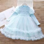 2 8 Year Old Girls Autumn And Winter Princess Dress Girls Knitted Patchwork Mesh Dress Westernized Lantern Sleeves Child