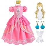 Princess Peach Dress Girl Super Brother Role Playing With Wig Crown Earrings Gloves Halloween Clothing Birthday Party Cl