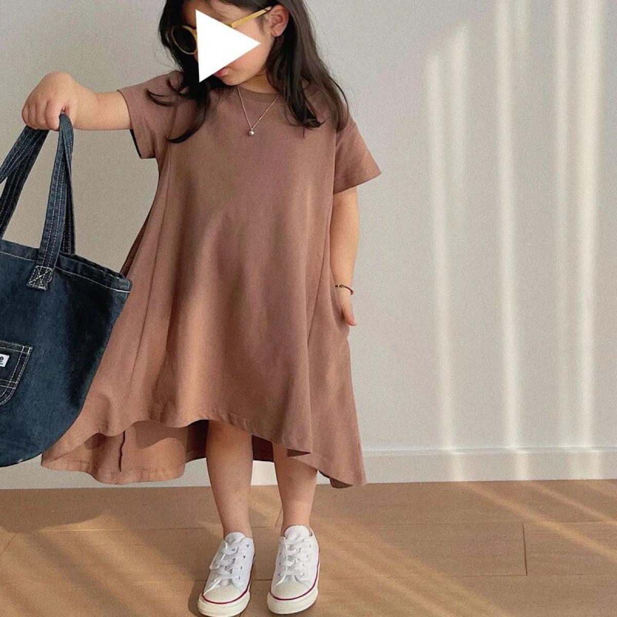Summer New Children's Wear Short Sleeve Leisure Simple Solid Color Girl's Dress Literary Style 210yearold Girl's Tail Dr