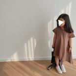 Summer New Children's Wear Short Sleeve Leisure Simple Solid Color Girl's Dress Literary Style 210yearold Girl's Tail Dr