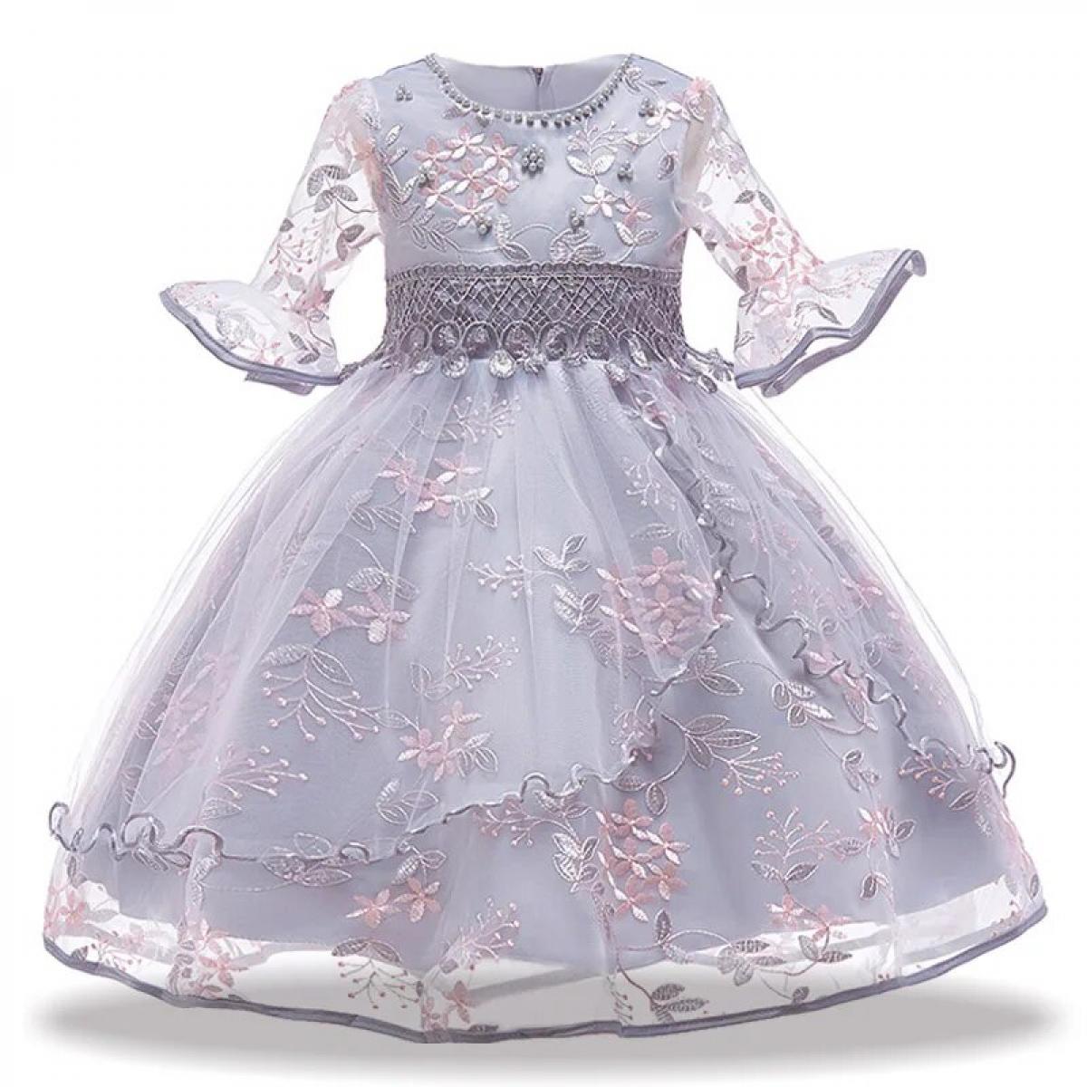 Elegant Girl Flower Embroidery Dress Kids Half Sleeve Birthday Party Clothes Child Formal Christmas Costume Pink Gray Ve