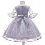 Elegant Girl Flower Embroidery Dress Kids Half Sleeve Birthday Party Clothes Child Formal Christmas Costume Pink Gray Ve