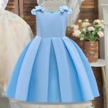 Girl Solid Princess Dress Wedding Birthday Party For Children Costume Wide Shoulder Strap Bow Prom Ball Gown Elegant Ves