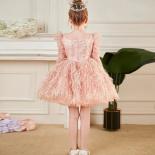 Luxury Girls Sequins Dress 2023 New Long Sleeve Dress Feather Princess Dress Children's Day Photography First Year Cloth
