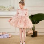 Luxury Girls Sequins Dress 2023 New Long Sleeve Dress Feather Princess Dress Children's Day Photography First Year Cloth
