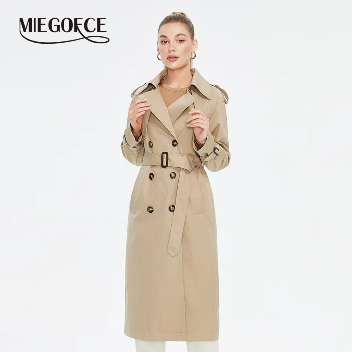 Miegofce 2023 New Spring Autumn Lapel Women Windbreaker Belt Long Jacket Double Breasted Women's Leisure Trench Coat F23