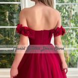 Red A Line 2023 Evening Dresses Off Shoulder Floor Length Party Dress High Side Slit Belt Elegant Flowers Wedding Guest 