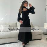 Black Evening Dress Satin A Line High Neck Party Dress Ankle Length Feathers Long Sleeve Wedding Guest Gowns Vestidos De