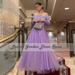 Tule roxo 2022 vestidos de festa fora do ombro frisado elegante vestido de noite uma linha elegante mangas compridas até o chão 