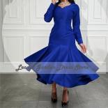Azul 2022 vestido de noite elegante sereia vestido de festa feminino cetim mangas compridas decote em v comprimento do chá vesti