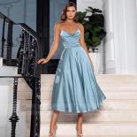 Blue Simple 2022 Evening Dress Women Elegant A Line Prom Dress Satin Tea Length Strapless V Neck Formal Party Gowns فس