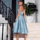 Blue Simple 2022 Evening Dress Women Elegant A Line Prom Dress Satin Tea Length Strapless V Neck Formal Party Gowns فس
