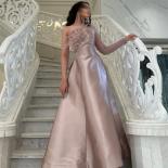 Pink Satin 2022 Prom Dress One Shoulder Evening Dresses Feathers Floor Length A Line Elegant Wedding Guest Gowns  فست
