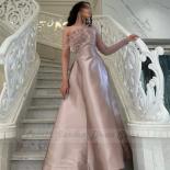 Pink Satin 2022 Prom Dress One Shoulder Evening Dresses Feathers Floor Length A Line Elegant Wedding Guest Gowns  فست