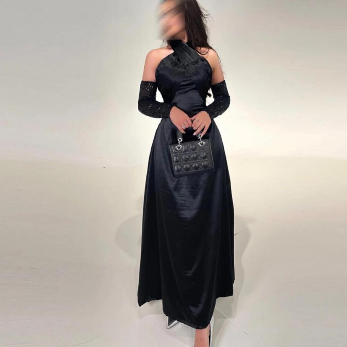 Black 2022 Prom Dresses Tea Length Evening Dress Halter Sleeveless Elegant Simple For Women Wedding Guest Party Gowns Ve