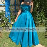 Blue A Line Prom Dresses Floor Length Evening Dresses Strapless Feathers Pleat Elegant Women Wedding Party Gowns فسا