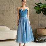 Satin Blue Prom Dresses Sweetheart 2022 Evening Dresses Glitter Tea Length Sleeveless Wedding Guest Party Gowns فسات