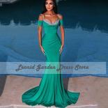 Green Satin 2022 Prom Dresses Off Shoulder Evening Dresses Wedding Party Gowns فساتين حفلات  Beaded Sequined
