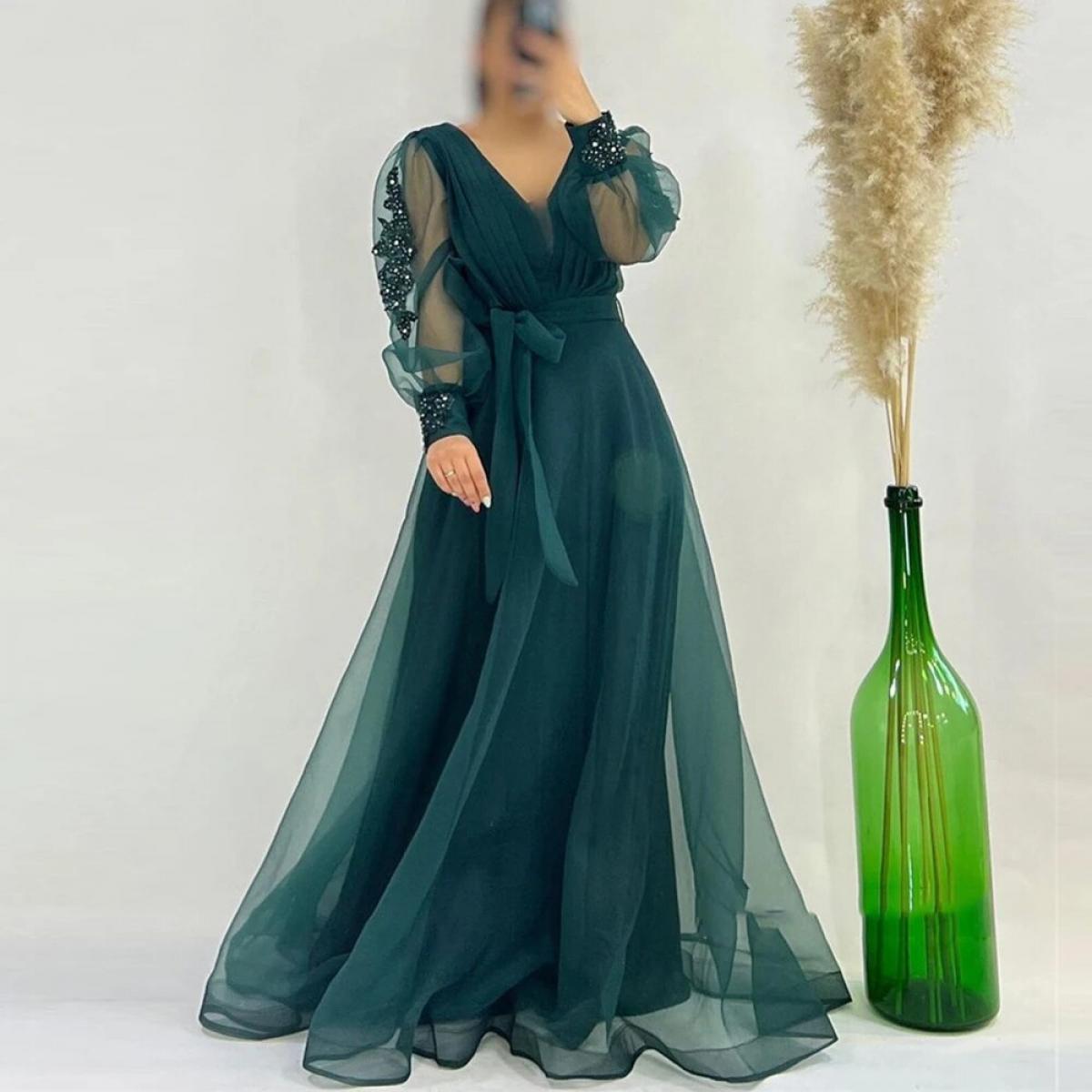 Dark Green Aesthetic Clothes Evening Prom Dress For Wedding Party Satin Shiny V-Neck Long Sleeves Dark Green Aesthetic Clothes Evening Prom Dress For Wedding Party Satin Shiny V-Neck Long Sleeves