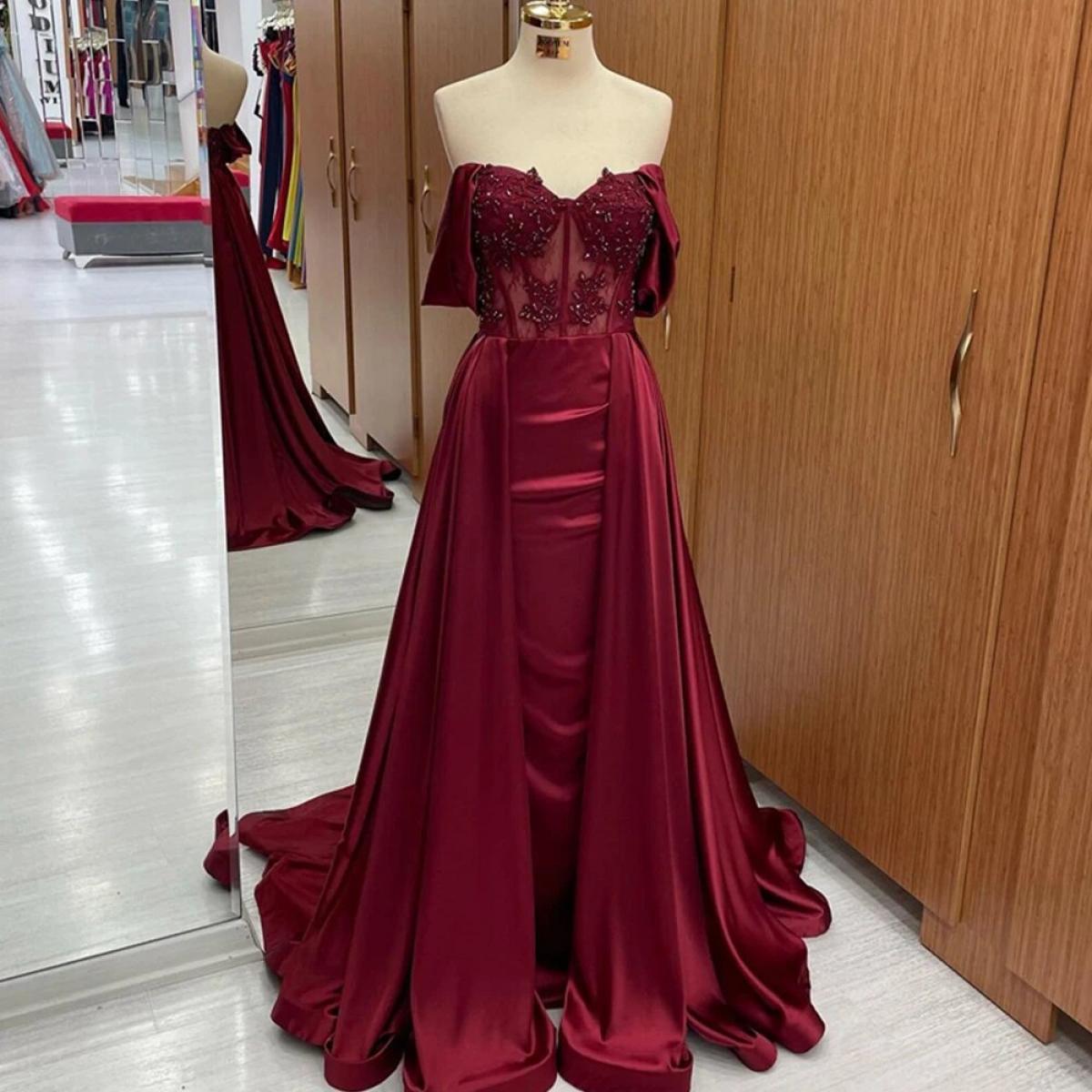 Off Shoulder Red 2022 Prom Dresses V Neck Evening Dresses Wedding Guest Party Gowns فساتين السهرة Floor Leng