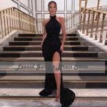 Black 2022 Evening Dresses Halter Neck Party Dress Side Split Beaded Mermaid Sequined Glitter Floor Length Birthday Part