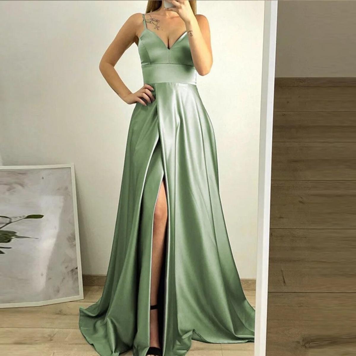 US 181.00 V Neck Satin Evening Dress Mermaid Elegant Party Dresses Side Slit Simple Spaghetti Straps Formal Party Gowns Robes De Description