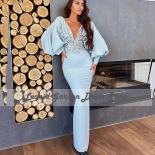 Jersey Blue Evening Dresses فساتين حفلات Party Dresses Long Sleeves V Neck Appliques Floor Length Mermaid For