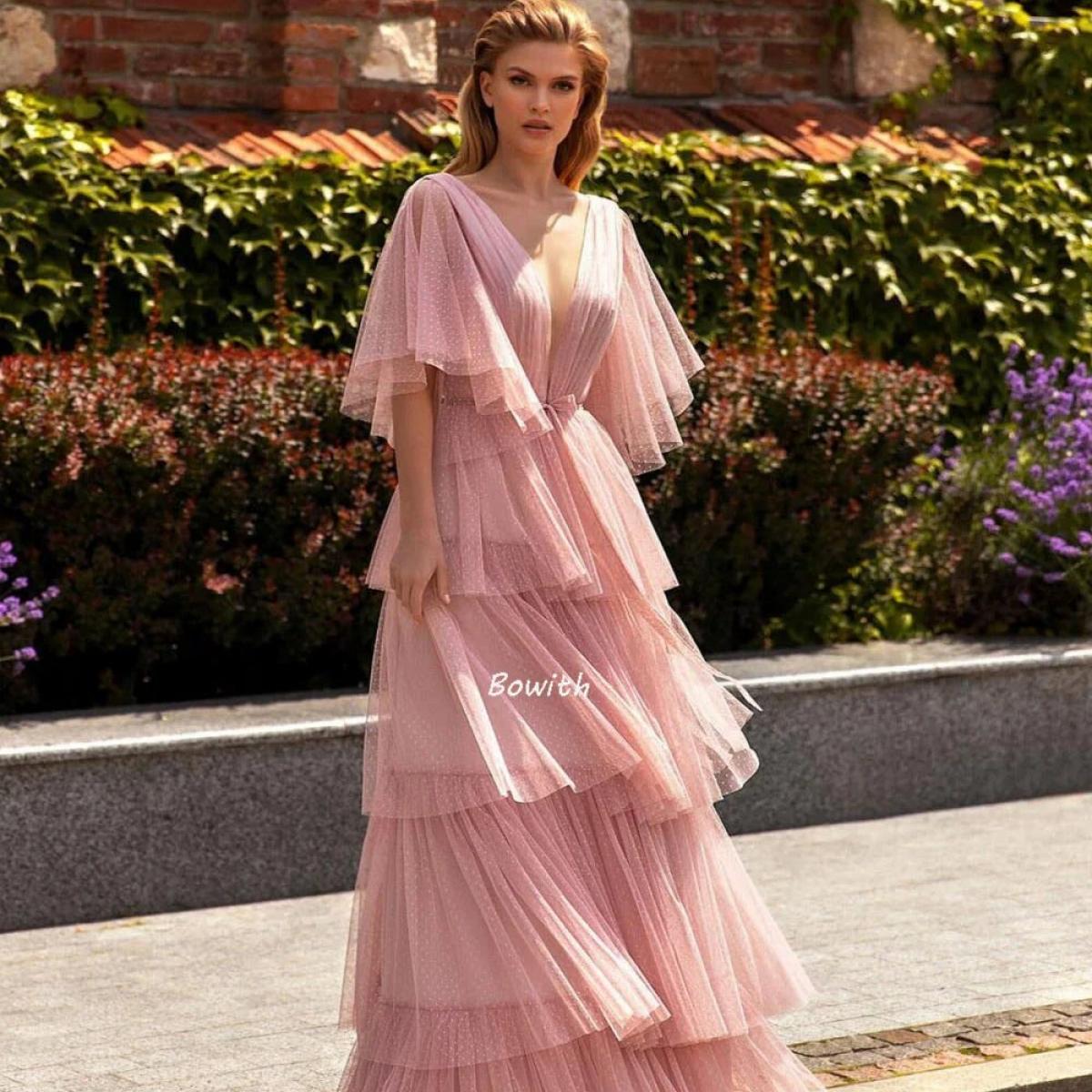 Bowith Blush Prom Dress 2022 A Line Tulle Party Dress With Floor Length Tiered Elegant Vestido Formal Party Gown For Chr