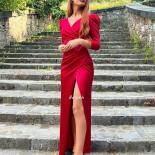 Bowith Red Long Sleeves Evening Party Dresses For Women Formal Occasion Dresses With Slits Robe De Soirée  Evening Dres