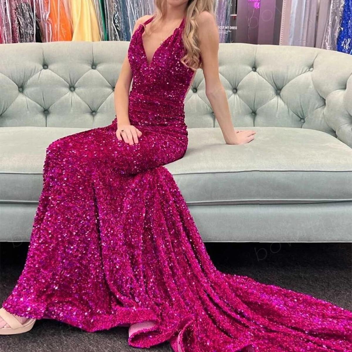 Bowith Halter Sequins Prom Dress 2023 Mermaid Evening Dresses Shiny Party Dresses For Women Elegant Formal Occasion Dres