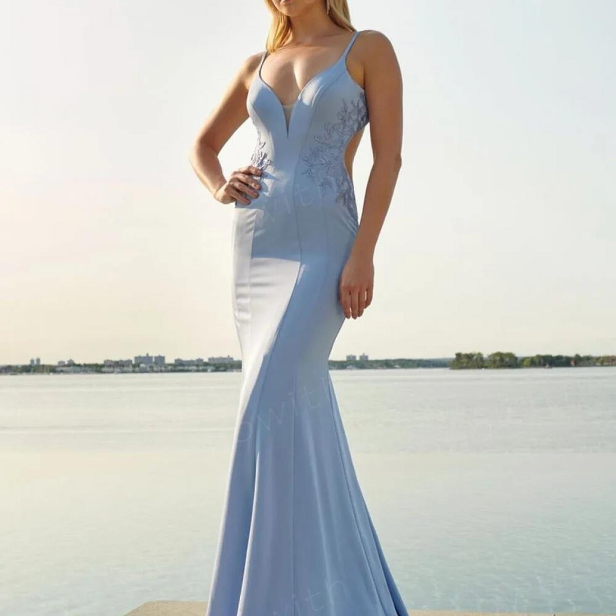bowith שמלת ערב כחולה שמיים בתולת ים שמלות מסיבה רשמיות עם אפליקציה שמלת יוקרה אלגנטית למסיבת חגיגית 2023 חלוק d