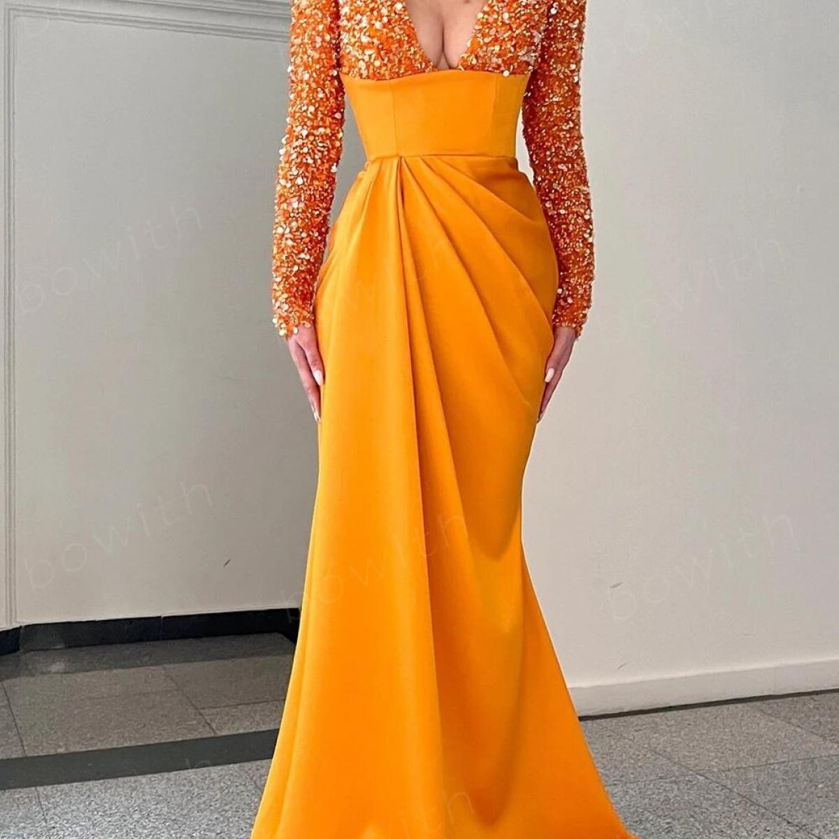 Bowith Sequin Evening Dresses Long Sleeves Luxury 2023 Shiny Elegant Woman Dress For Party Formal Occasion Dresses Vesti