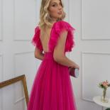Bowith Fuchsia Party Dresses For Woman Flare Sleeves Evening Dress For Party Tulle A Line Formal Occasion Dresses Robe D
