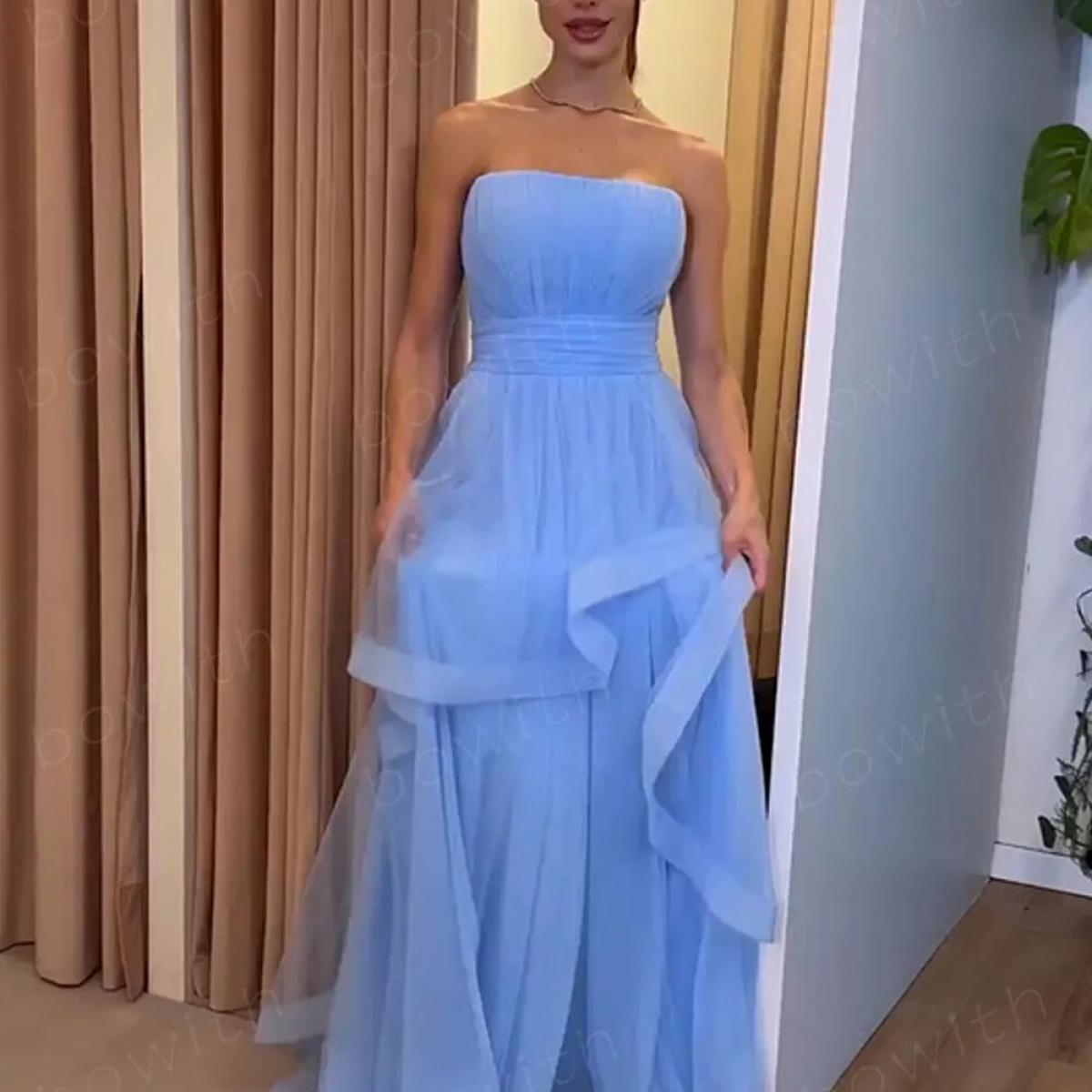 Bowith Tulle Evening Dresses For Women Strapless Maxi Party Dresses With Belt Formal Evening Gown With Tiered Layers Rob