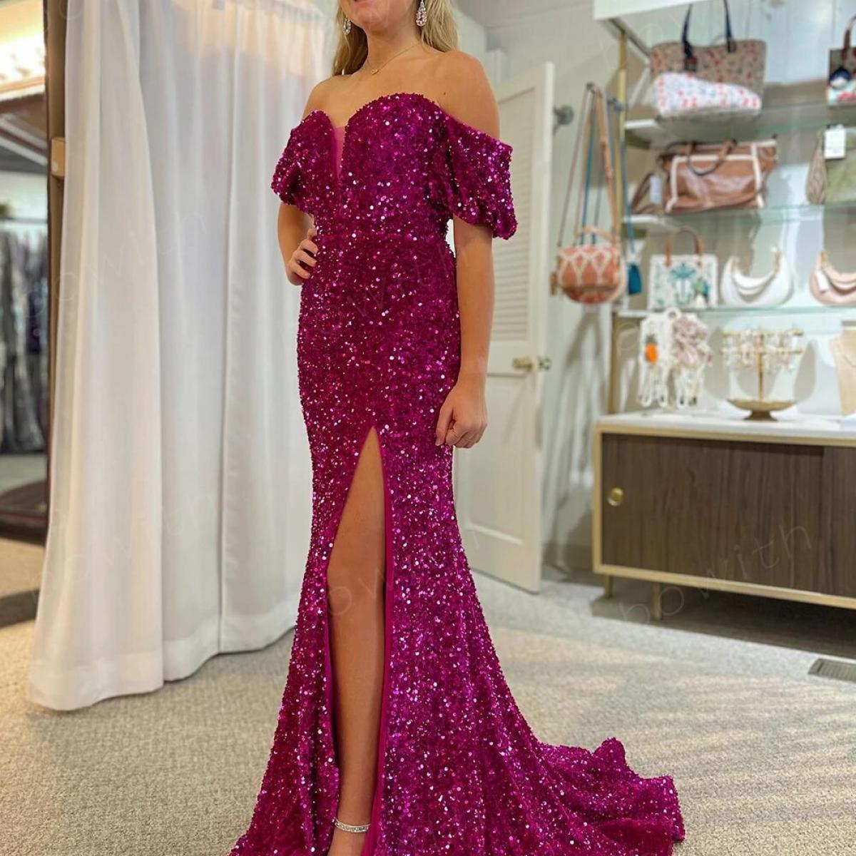 Bowith Off Shoulder Evening Dresses Sequins Prom Dresses For Graduation Party Mermaid Party Dresses For Women Robe De So
