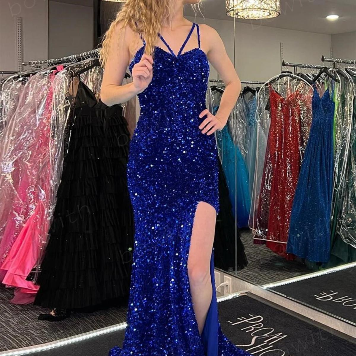 Bowith Mermaid Prom Dresses Straps Shiny Evening Party Dresses With Lace Up Back Sequins Party Dresses For Women High Sl