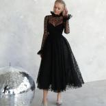  Black Heart Tulle Aline Evening Dress Full Sleeves Tea Length Prom Gowns Formal High Neck Hearts Women Party Dress Chea