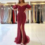 Sequin Off Shoulder Women Evening Dress  Mermaid Front High Split Long Prom Gowns Puff Sleeves Backless Suknie Wieczorow