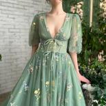 Vintage Green Deep V Neck Lace Appliques Evening Dresses Tulle Short Puff Sleeves A Line Long Dinner Party Gowns Open Ba
