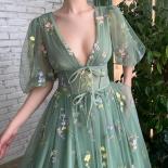 Vintage Green Deep V Neck Lace Appliques Evening Dresses Tulle Short Puff Sleeves A Line Long Dinner Party Gowns Open Ba