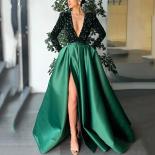 Glitter Deep V Neck A Line Evening Dresses Long Sleeve Sequins Formal Occasion Party Floor Length Satin With Crystals Sl