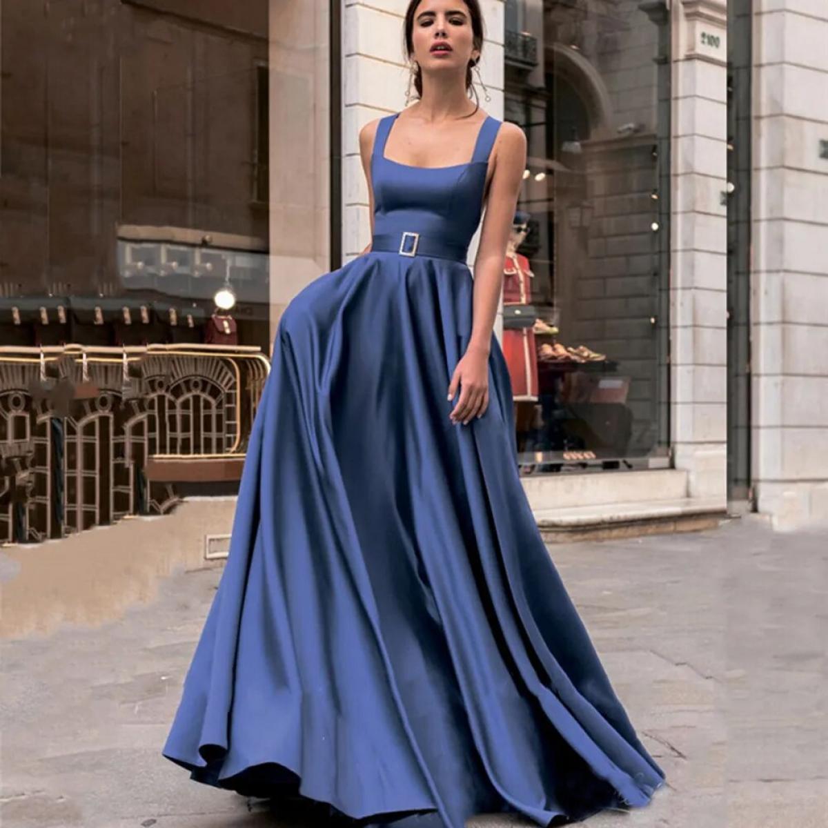 Elegant Blue Square Collar Evening Dresses Criss Cross Strap Satin Formal Prom Gowns Sleeveless A Line Sweep Train Floor