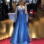 Fortunate Royal Blue Sequin Appliques Evening Dresses Long Trumpet Sleeve Satin A Line Shiny Party Prom Gowns With Lace 